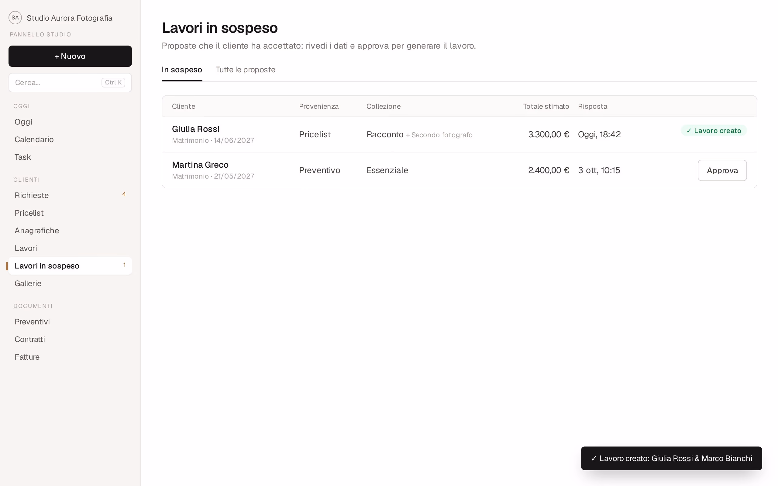 Lavori in sospeso: la proposta accettata dal cliente con collezione, totale e data della risposta