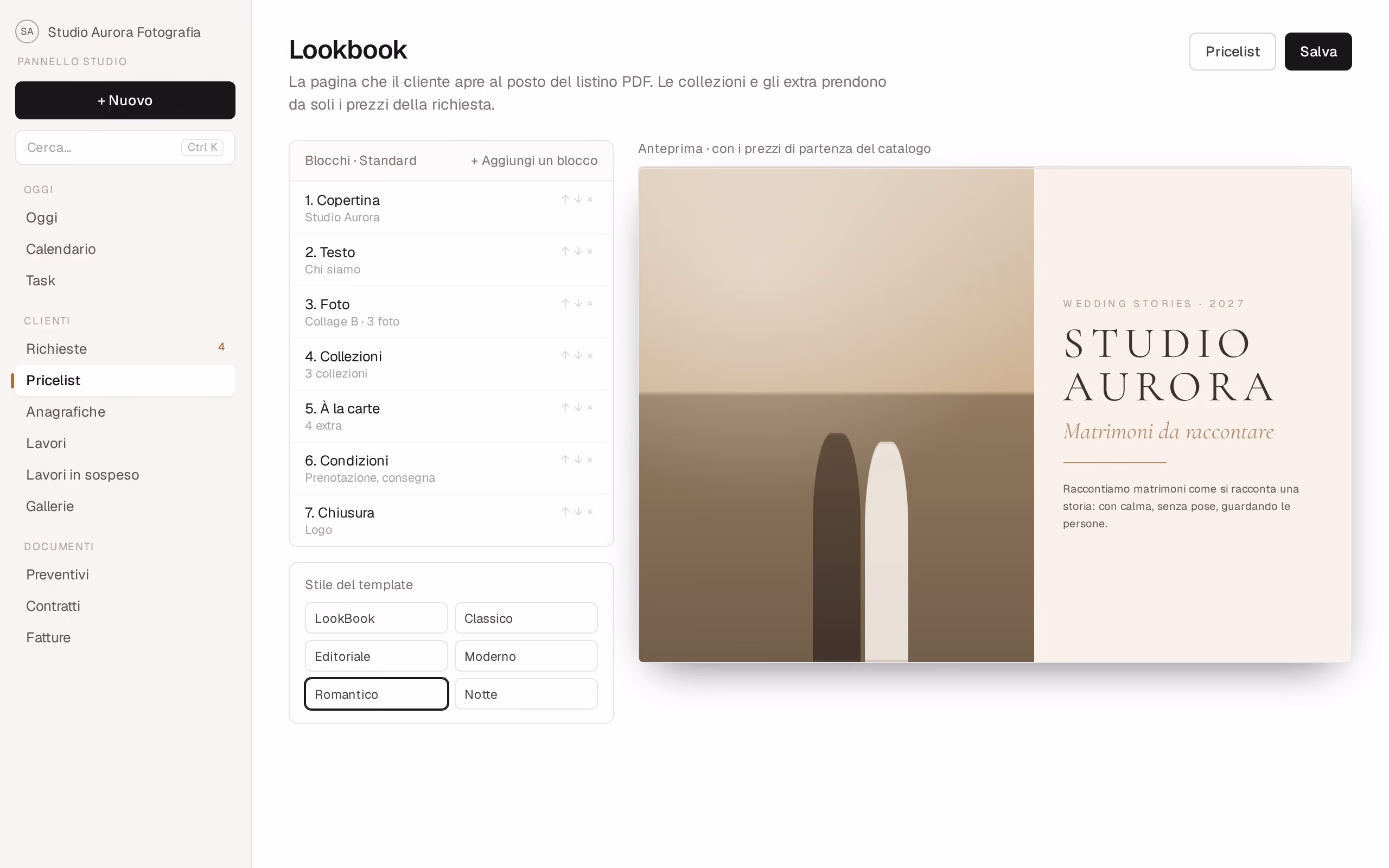 L'editor del Lookbook: elenco dei blocchi a sinistra, anteprima della pagina a destra