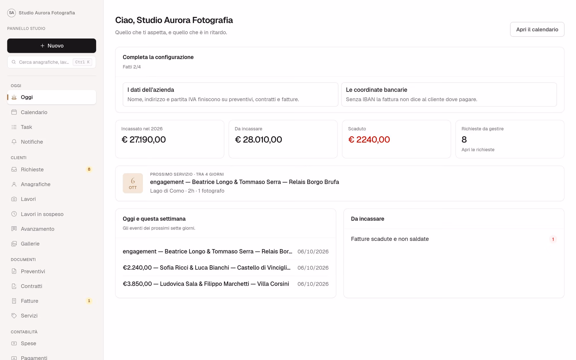La pagina Oggi del pannello di Lumina: incassato, da incassare, scaduto, prossimo servizio e richieste da gestire